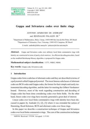 Goppa and Srivastava Codes Over Finite Rings