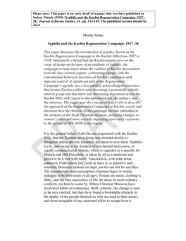 Mandy Sadan Syphilis and the Kachin Regeneration Campaign, 1937–38 This Paper Discusses the Introduction of a Policy Known As