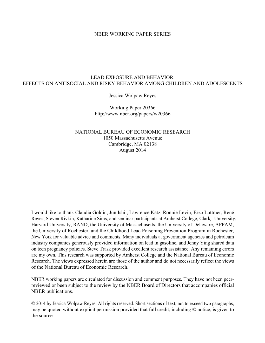 Lead Exposure and Behavior: Effects on Antisocial and Risky Behavior Among Children and Adolescents