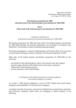 Privatization Programme for 2006 and Main Trend of the Federal Property Privatization for 2006-2008