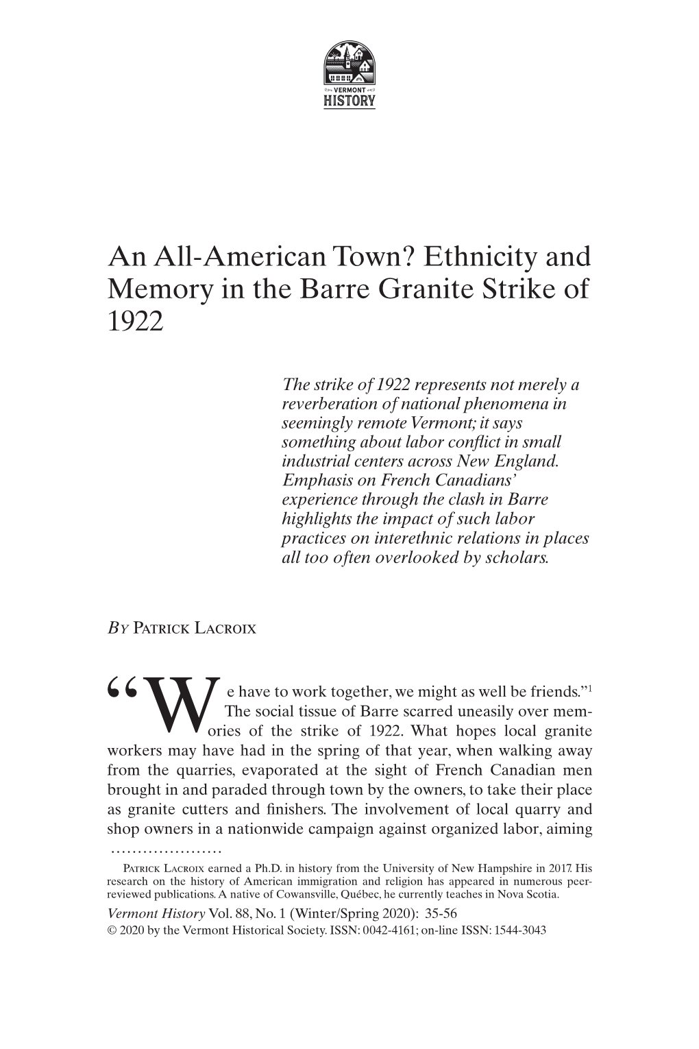 An All-American Town? Ethnicity and Memory in the Barre Granite Strike of 1922