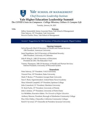 Yale Higher Education Leadership Summit the COVID Crisis on Campuses: College Mission, Culture & Campus Life