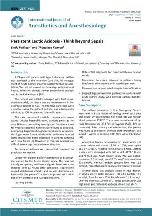 Persistent Lactic Acidosis - Think Beyond Sepsis Emily Pallister1* and Thogulava Kannan2