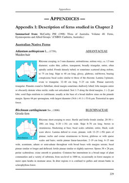 — APPENDICES — Appendix 1: Description of Ferns Studied in Chapter 2