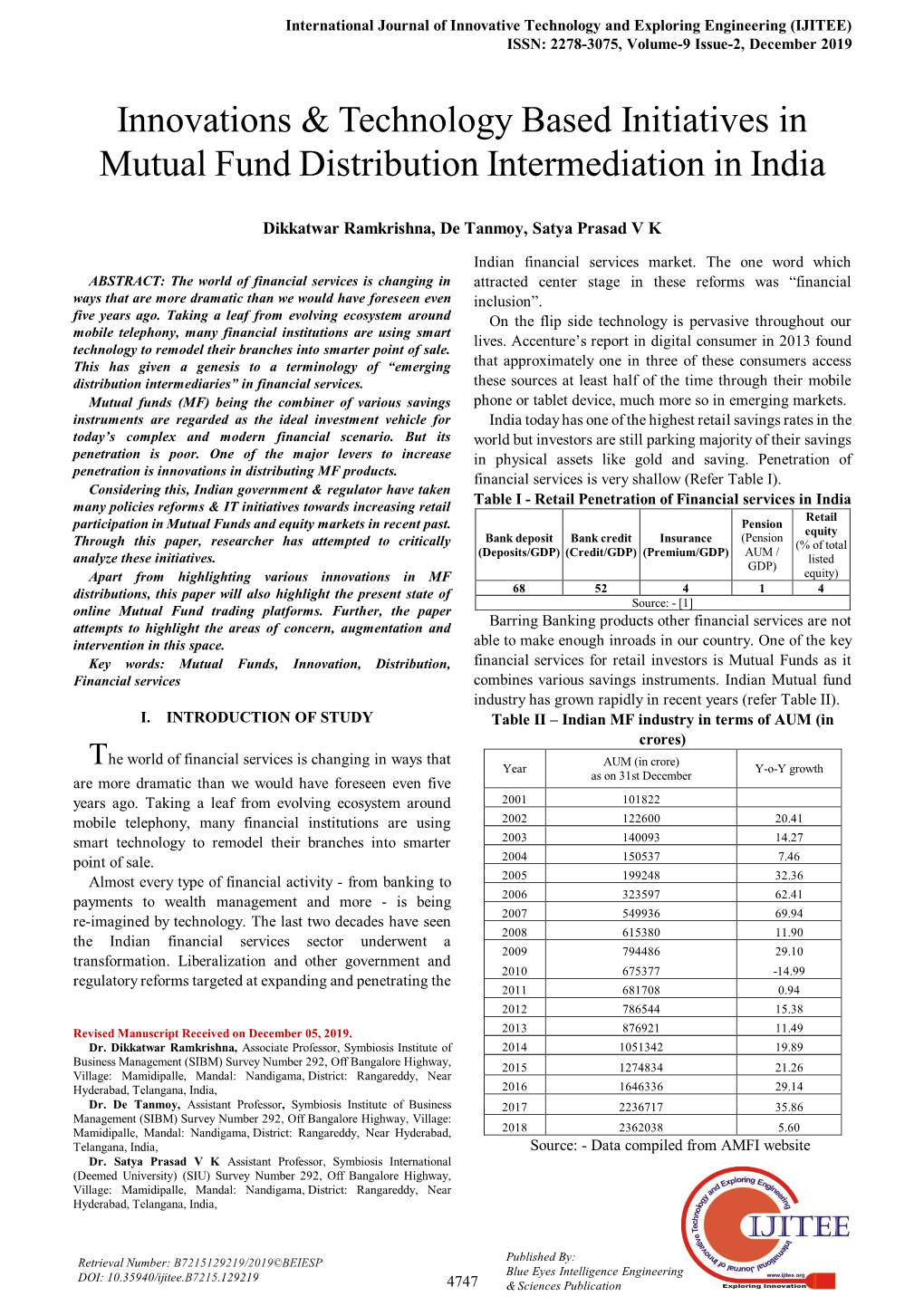 Innovations & Technology Based Initiatives in Mutual Fund