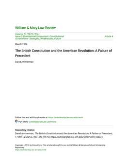 The British Constitution and the American Revolution: a Failure of Precedent