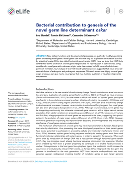 Bacterial Contribution to Genesis of the Novel Germ Line Determinant Oskar Leo Blondel1, Tamsin EM Jones2†, Cassandra G Extavour1,2*