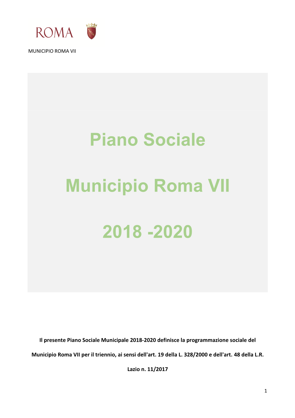Piano Sociale Municipio Roma VII 2018 -2020