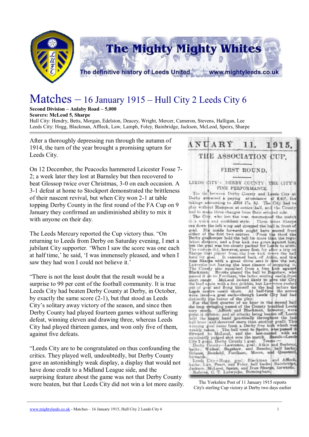 Matches – 16 January 1915 – Hull City 2 Leeds City 6