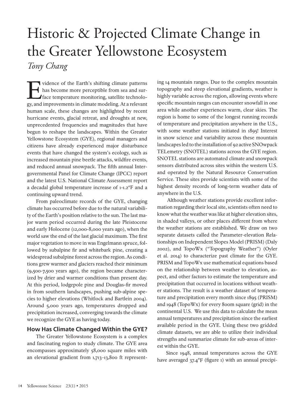 Historic & Projected Climate Change in the Greater Yellowstone Ecosystem