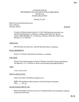 STATE of HAWAII DEPARTMENT of LAND and NATURAL RESOURCES Land Division Honolulu, Hawaii 96813