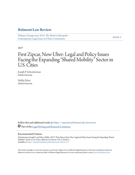 First Zipcar, Now Uber: Legal and Policy Issues Facing the Expanding “Shared Mobility” Sector in U.S