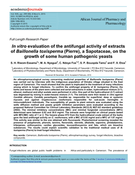 In Vitro Evaluation of the Antifungal Activity of Extracts of Baillonella Toxisperma (Pierre), a Sapotaceae, on the Growth of Some Human Pathogenic Yeasts