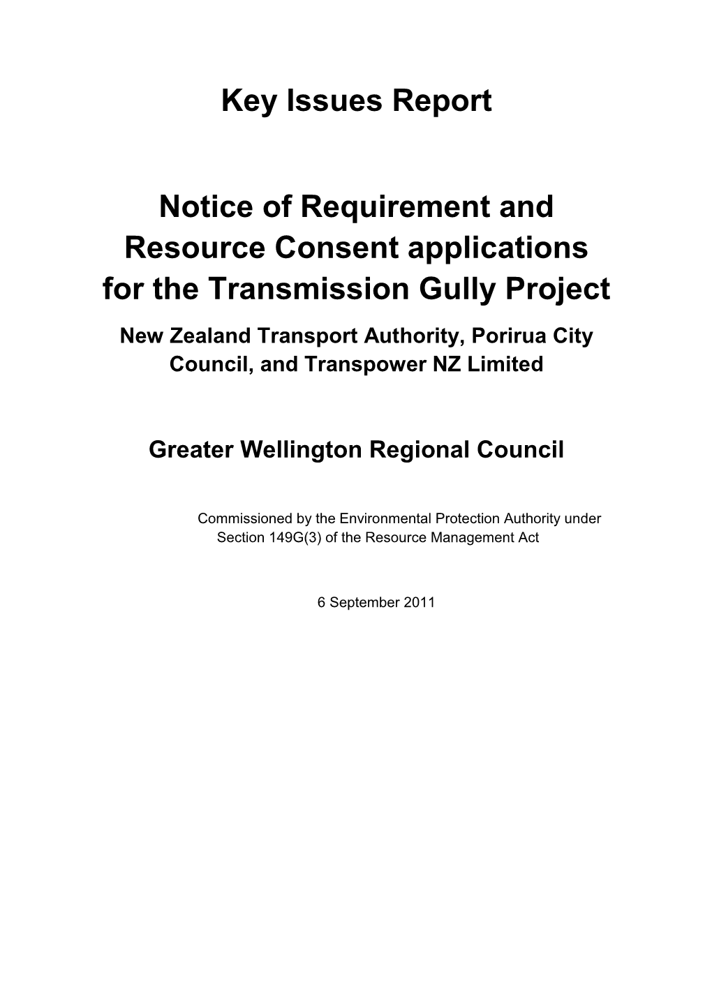 Key Issues Report Notice of Requirement and Resource