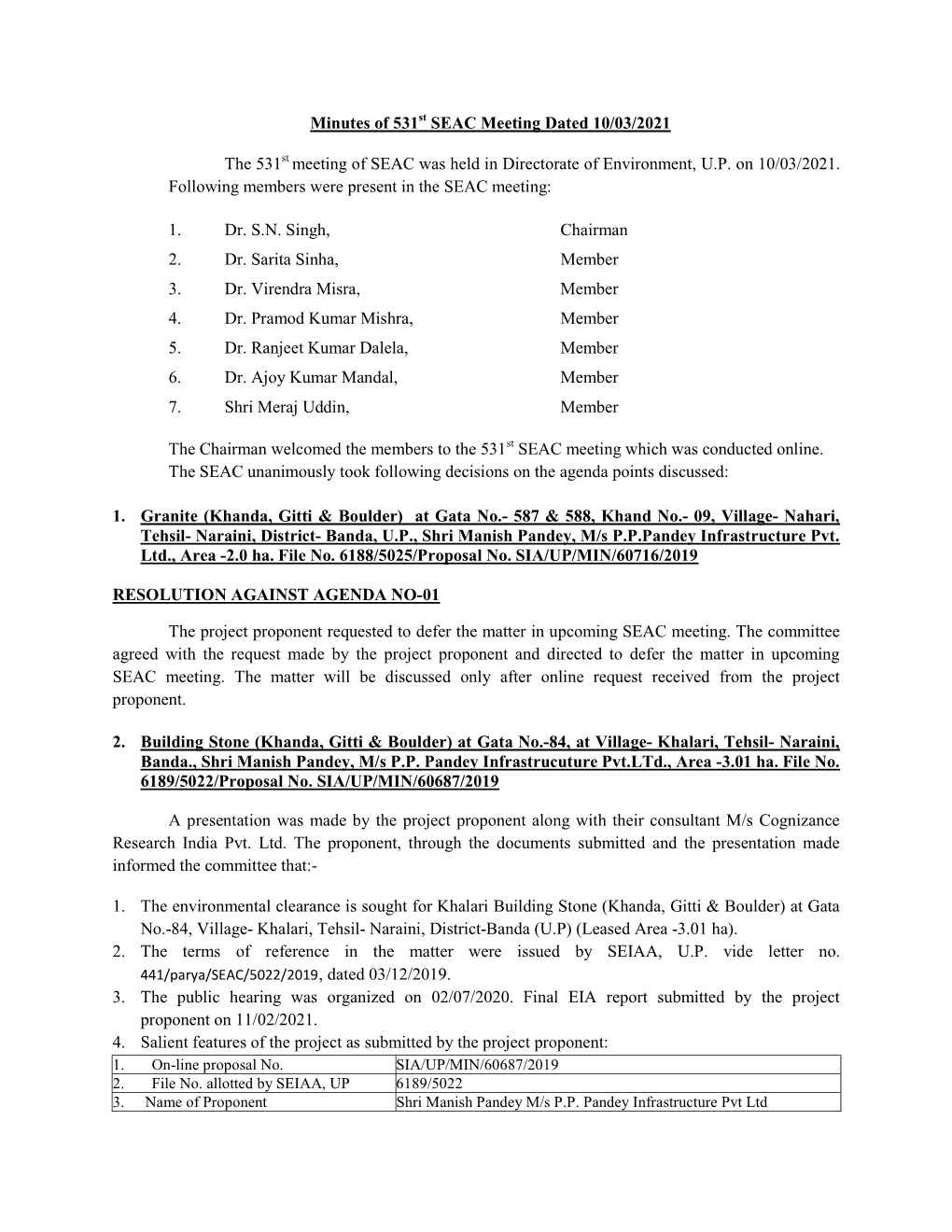 Minutes of 531St SEAC Meeting Dated 10/03/2021 the 531St Meeting Of