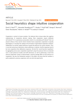 Social Heuristics Shape Intuitive Cooperation