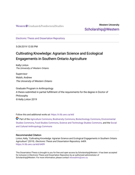 Agrarian Science and Ecological Engagements in Southern Ontario Agriculture