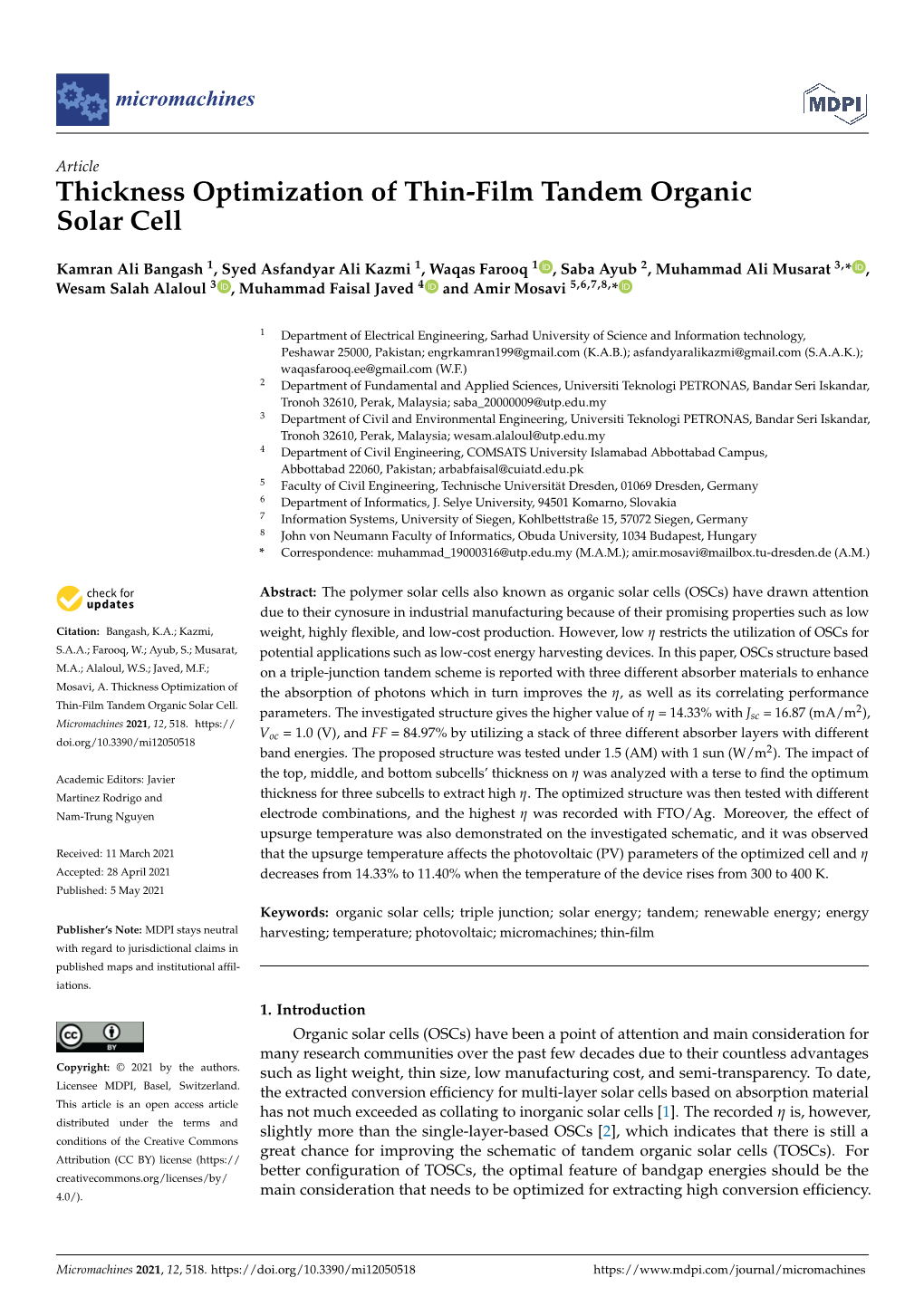Thickness Optimization of Thin-Film Tandem Organic Solar Cell