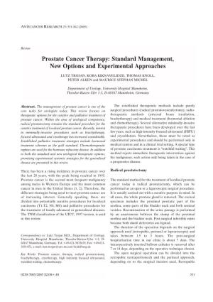 Prostate Cancer Therapy: Standard Management, New Options and Experimental Approaches