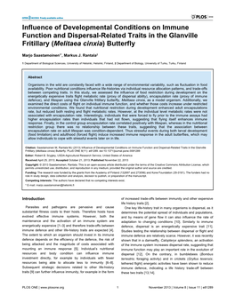 Influence of Developmental Conditions on Immune Function and Dispersal-Related Traits in the Glanville Fritillary (Melitaea Cinxia) Butterfly