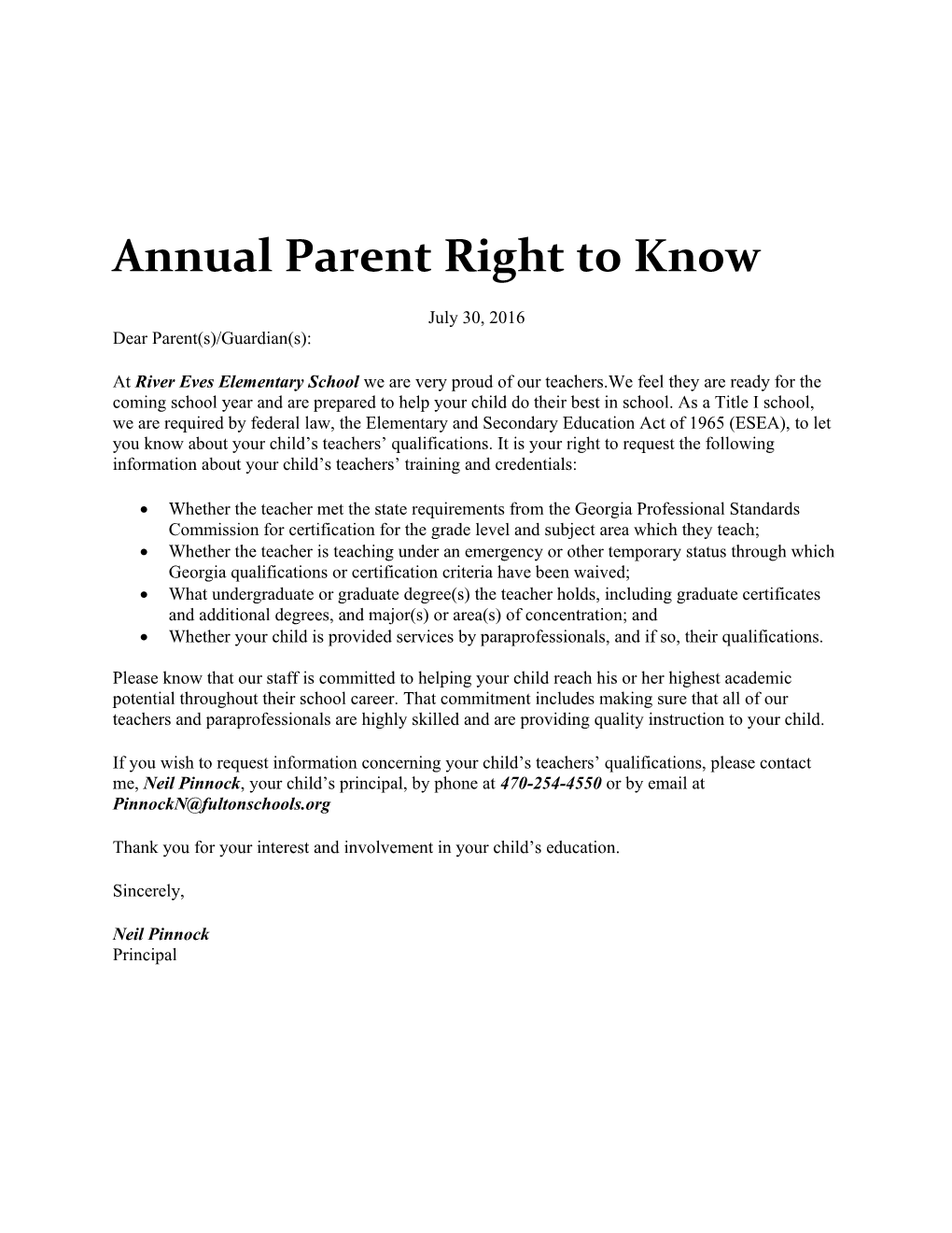 Annual Parent Right to Know