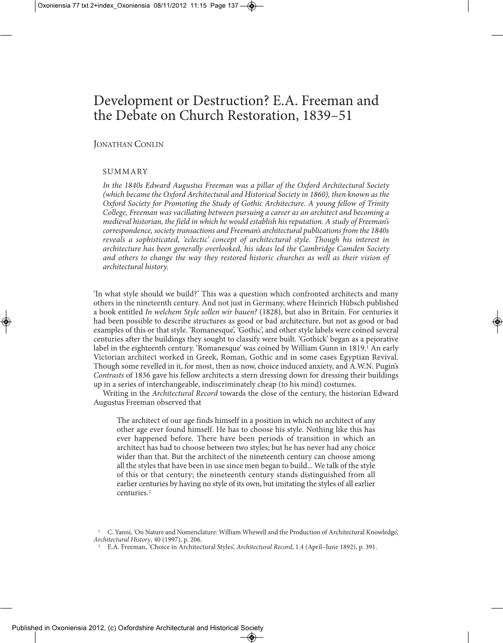 Development Or Destruction? E.A. Freeman and the Debate on Church Restoration, 1839–51