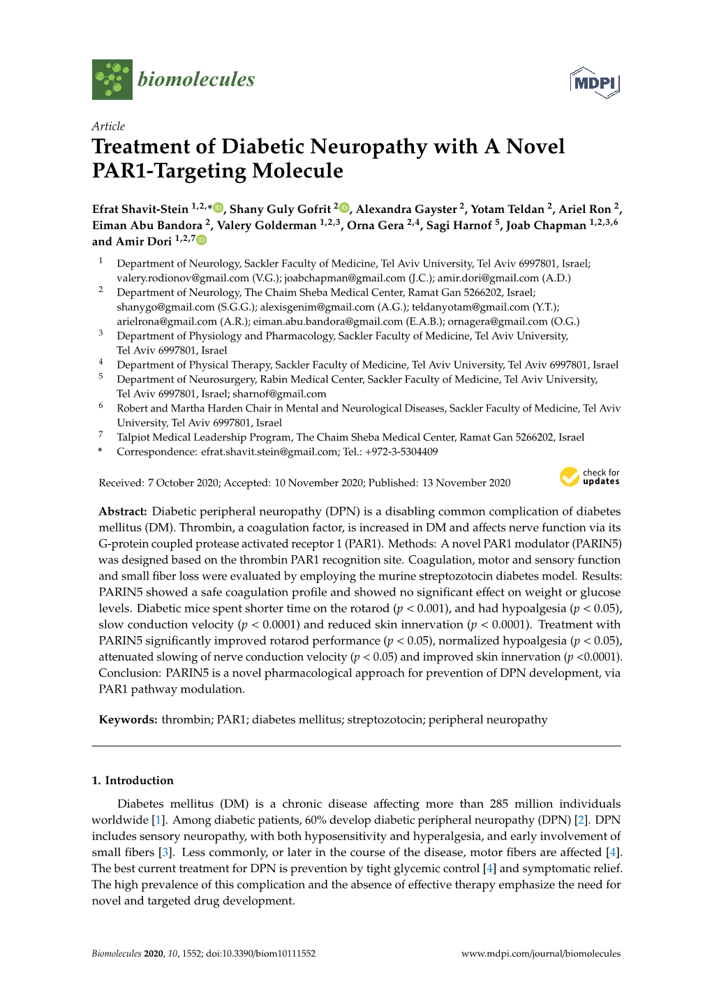 Treatment of Diabetic Neuropathy with a Novel PAR1-Targeting Molecule