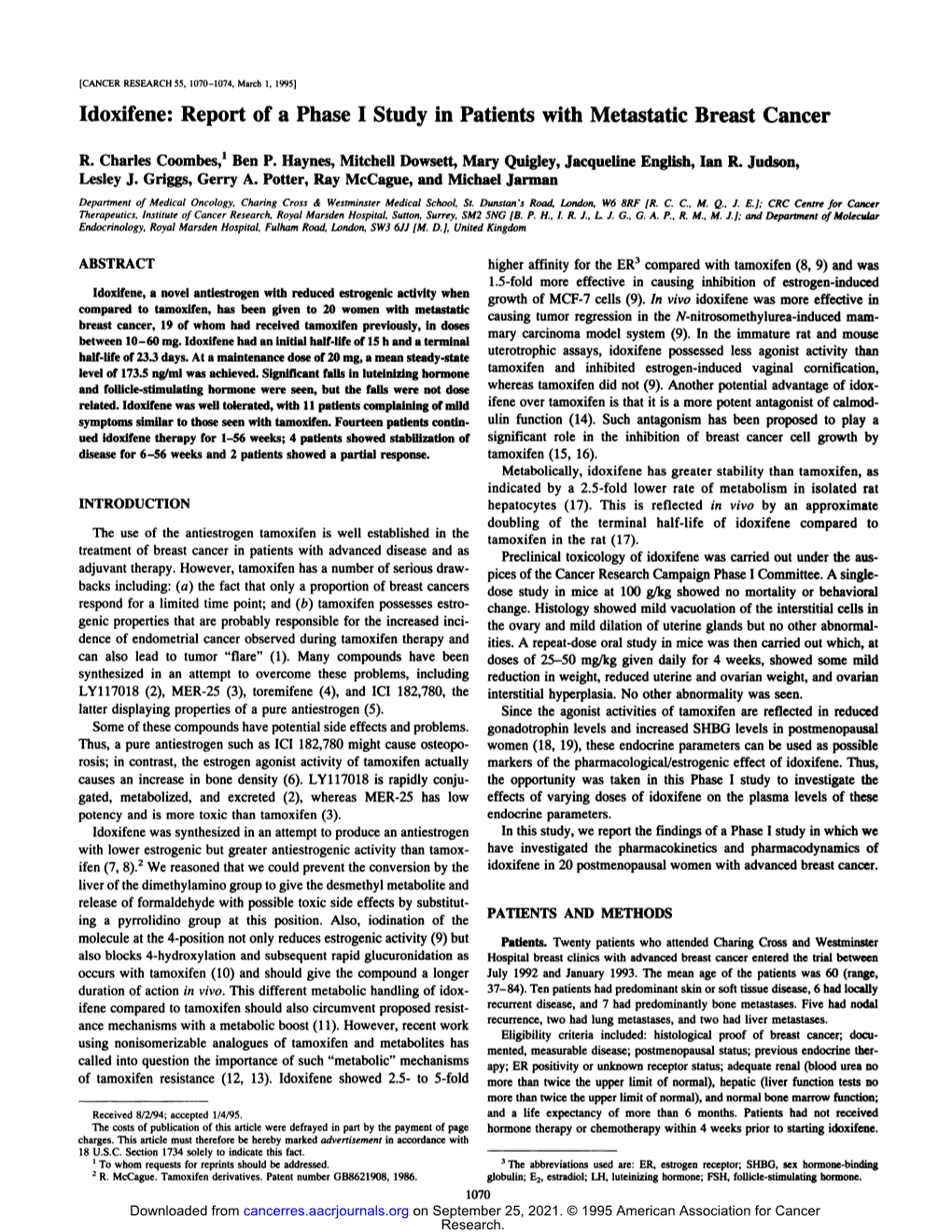 Idoxifene: Report of a Phase I Study in Patients with Metastatic Breast Cancer