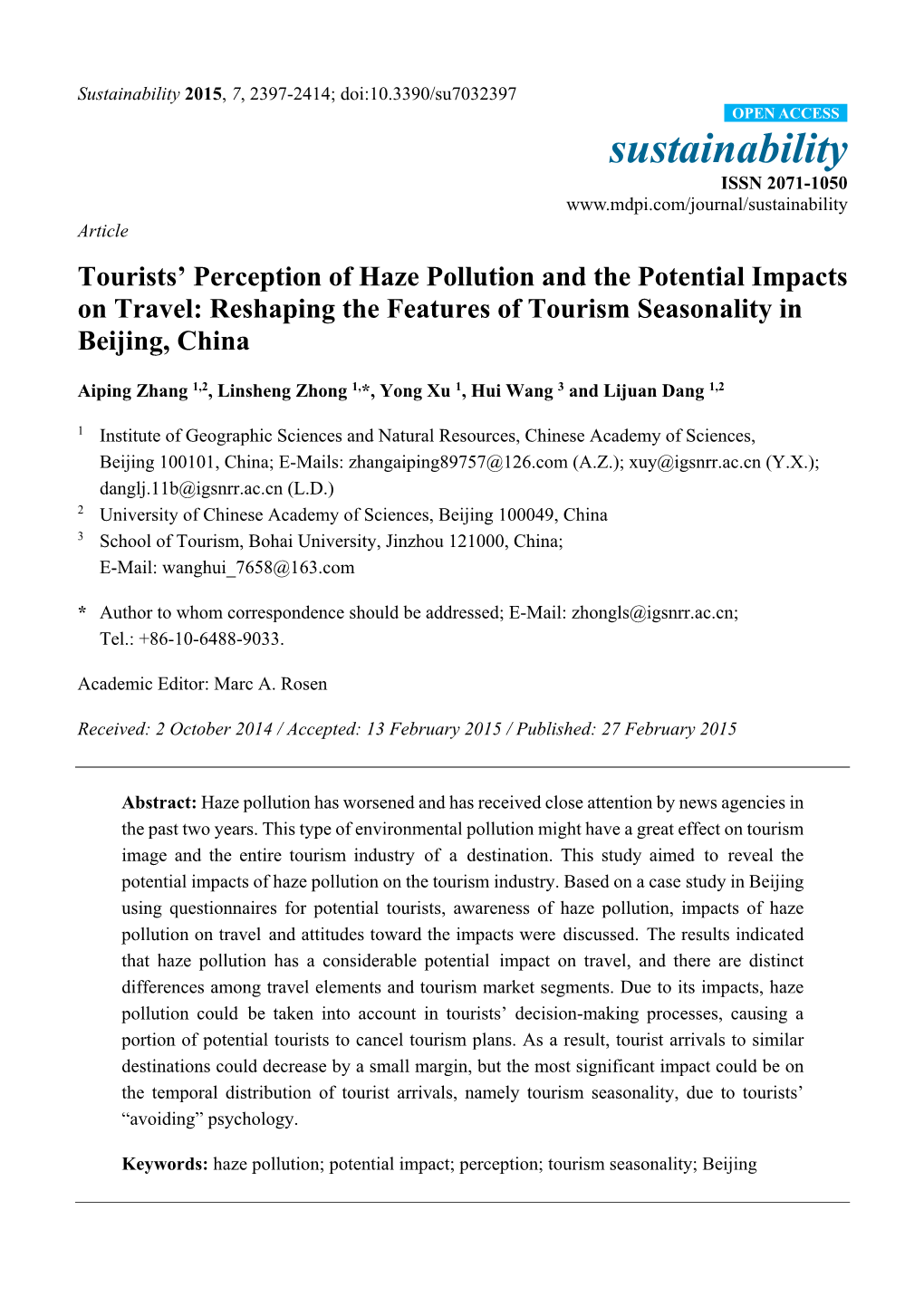 Tourists' Perception of Haze Pollution and the Potential Impacts on Travel: Reshaping the Features of Tourism Seasonality in B