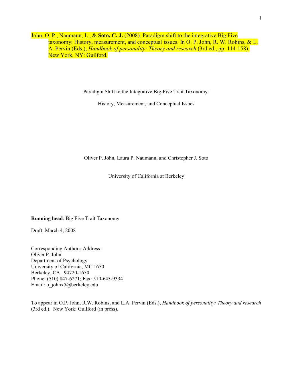 Paradigm Shift to the Big-Five Trait Taxonomy