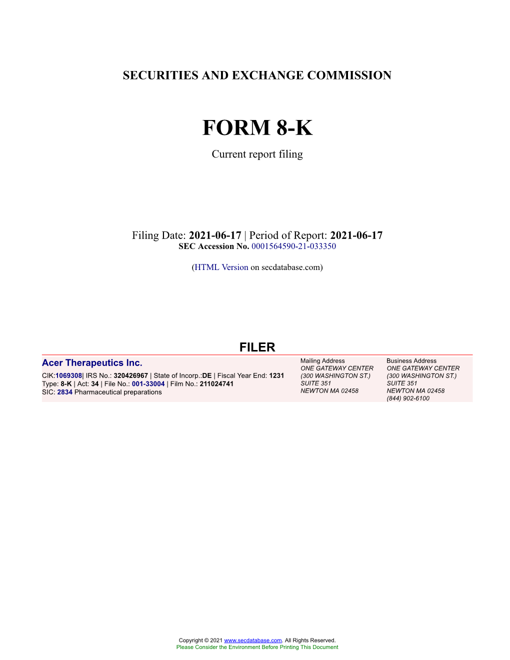 Acer Therapeutics Inc. Form 8-K Current Event Report Filed 2021-06