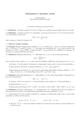PROBABILITY 3 REVISION NOTES 1. Random Variables; Convolutions