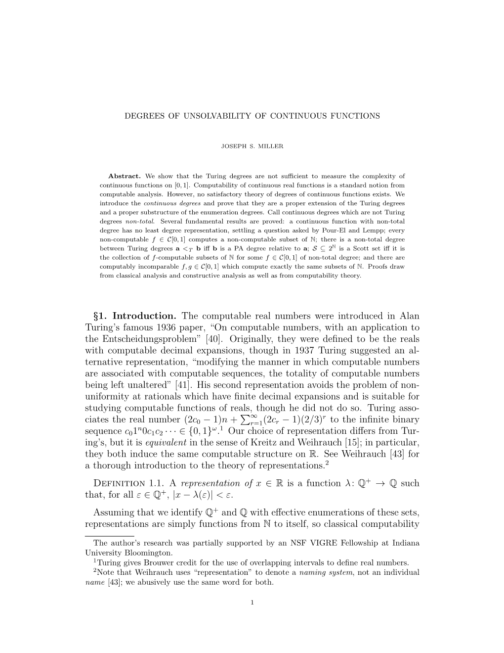 1. Introduction. the Computable Real Numbers Were Introduced in Alan Turing's Famous 1936 Paper