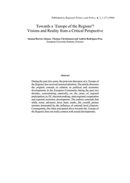 Europe of the Regions'? Visions and Reality from a Critical Perspective