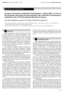 Synopsis of Proposals on Botanical Nomenclature - Vienna 2005