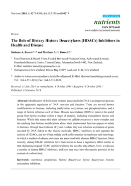 The Role of Dietary Histone Deacetylases (Hdacs) Inhibitors in Health and Disease