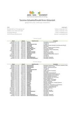 Termine Schadstoffmobil Kreis Gütersloh (Gültig Ab 01.01.2021 - Änderungen Vorbehalten!)