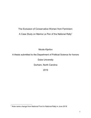The Exclusion of Conservative Women from Feminism: a Case Study on Marine Le Pen of the National Rally1 Nicole Kiprilov a Thesis