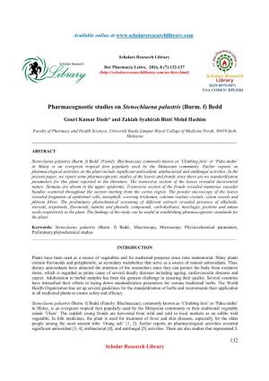 Pharmacognostic Studies on Stenochlaena Palustris (Burm. F) Bedd