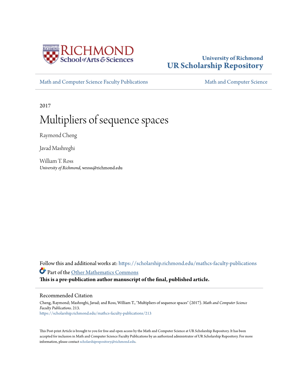 Multipliers of Sequence Spaces Raymond Cheng