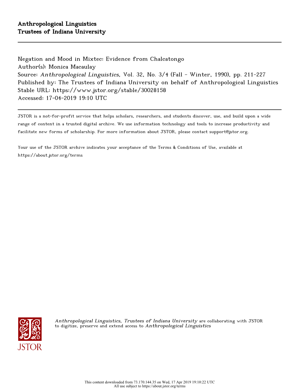 Negation and Mood in Mixtec: Evidence from Chalcatongo Author(S): Monica Macaulay Source: Anthropological Linguistics, Vol