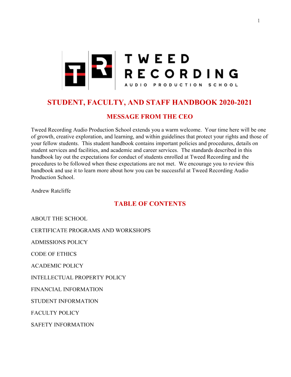 Student, Faculty, and Staff Handbook 2020-2021