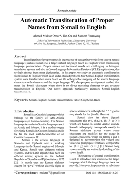 Automatic Transliteration of Proper Names from Somali to English