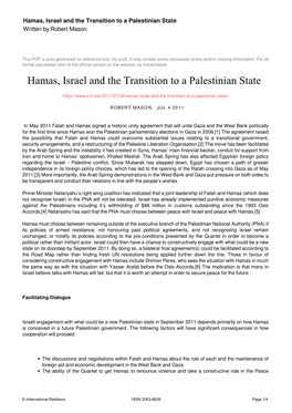 Hamas, Israel and the Transition to a Palestinian State Written by Robert Mason