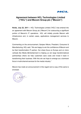 Agreement Between HCL Technologies Limited (“HCL”) and Mecom Group Plc (“Mecom”)