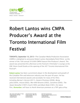 Robert Lantos Wins CMPA Producer's Award at the Toronto International Film Festival