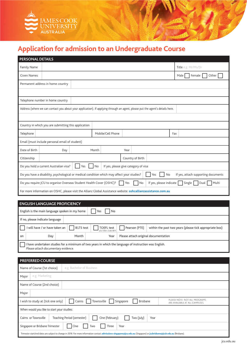 Application for Admission to an Undergraduate Course