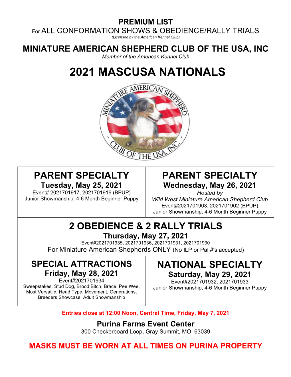 MASCUSA Nationals 2021 Conformation, Obedience & Rally Premium