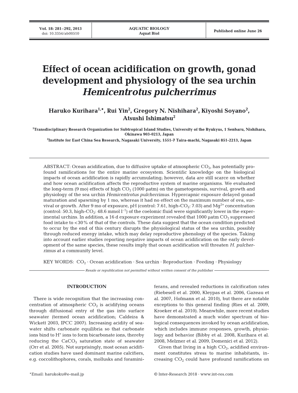 Effect of Ocean Acidification on Growth, Gonad Development and Physiology of the Sea Urchin Hemicentrotus Pulcherrimus