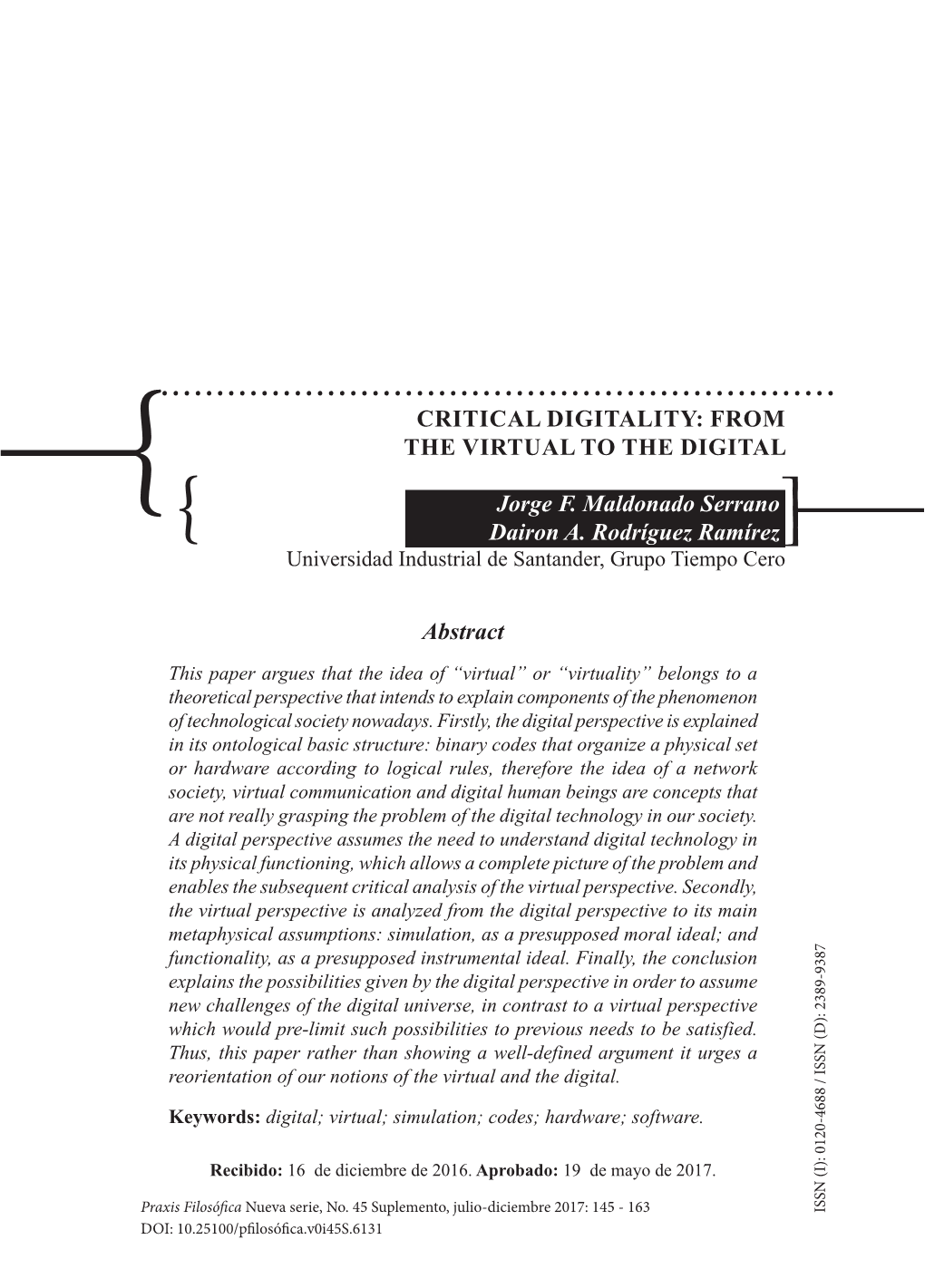 CRITICAL DIGITALITY: from the VIRTUAL to the DIGITAL Jorge F